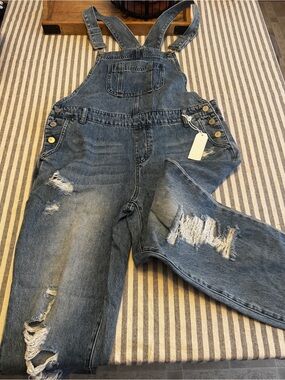 Distressed Denim Overalls - Blue Women's Jeans
